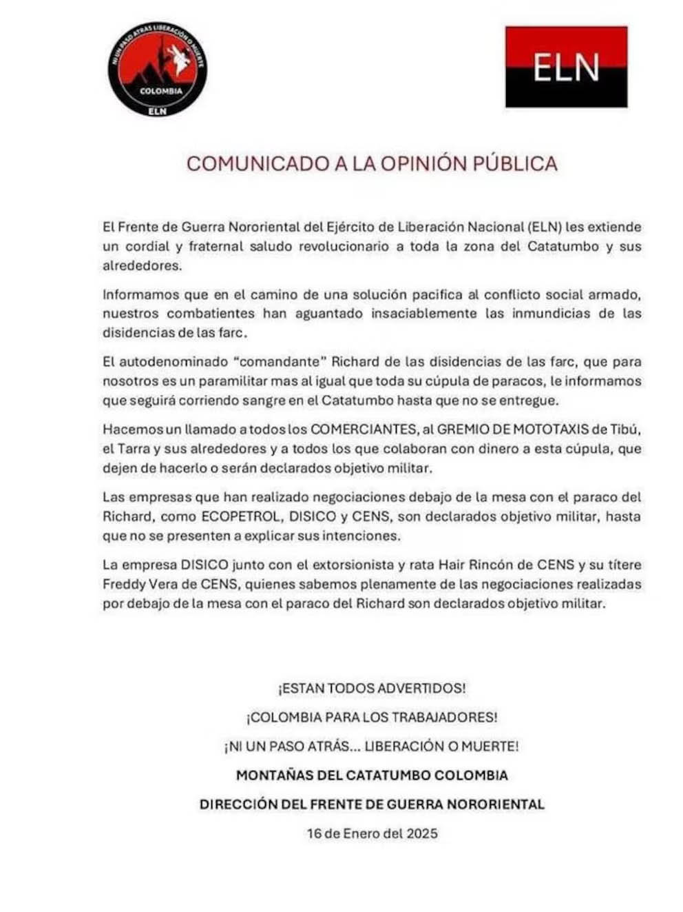 Comunicado del ELN amenaza a empresas y comerciantes en el Catatumbo